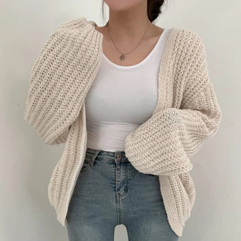 Cardigan Femme Oversize Tricoté Grosse Maille Manches Bouffantes Style Coréen Automne Hiver