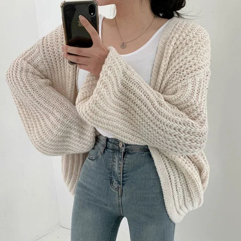 Cardigan Femme Oversize Tricoté Grosse Maille Manches Bouffantes Style Coréen Automne Hiver