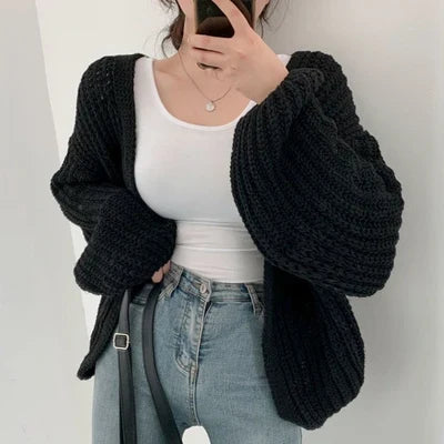 Cardigan Femme Oversize Tricoté Grosse Maille Manches Bouffantes Style Coréen Automne Hiver