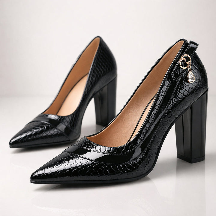 Escarpins vernis effet croco à talon bloc pour femme