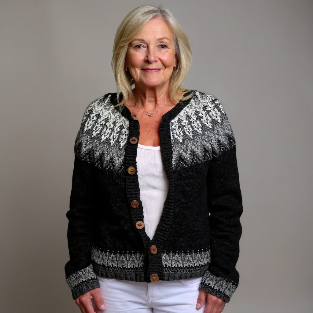 Clémence Cardigan – Maille nordique noir et gris