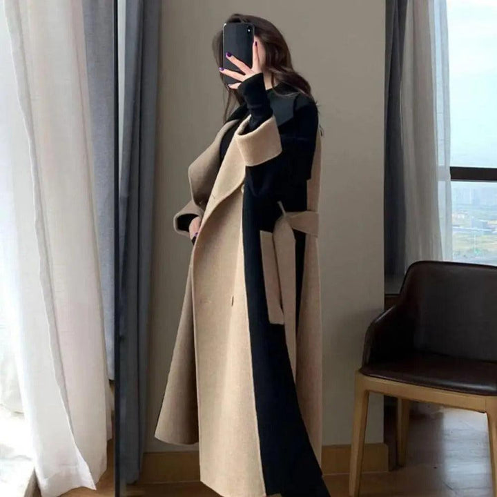 Manteau long Calista – Contraste camel et noir