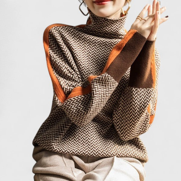 Cardigan Col Roulé Femme Chevron Rayures Contrastées Casual Hiver