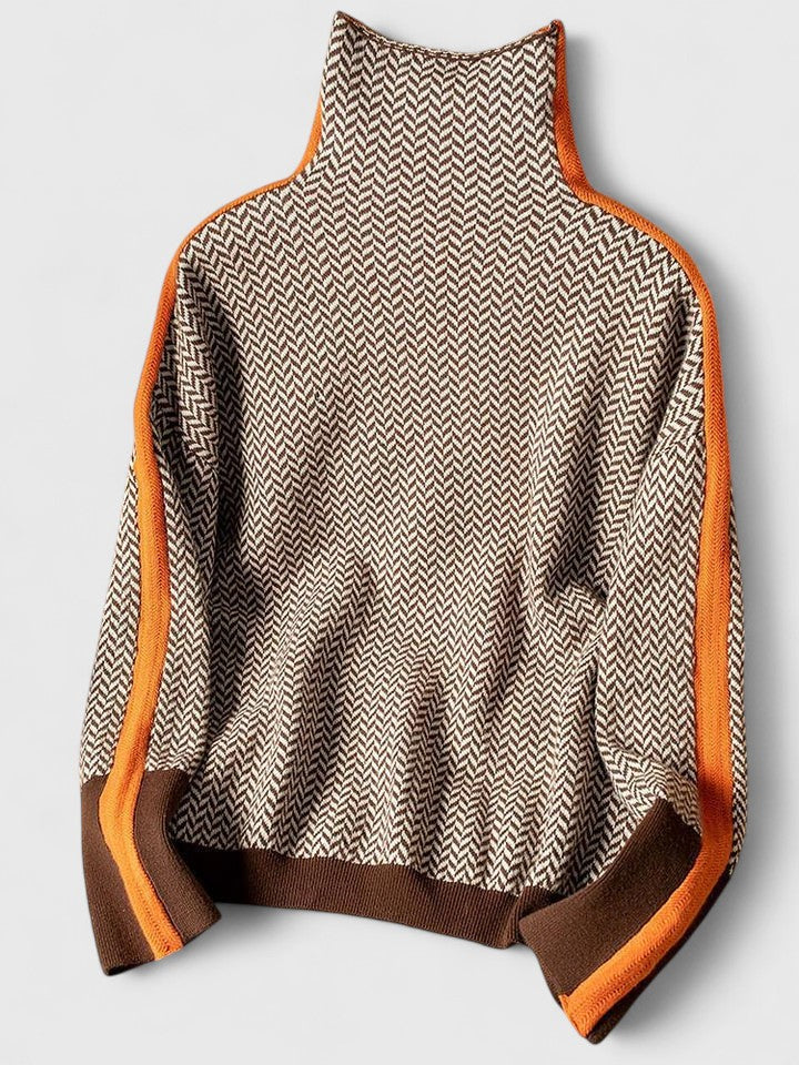 Cardigan Col Roulé Femme Chevron Rayures Contrastées Casual Hiver