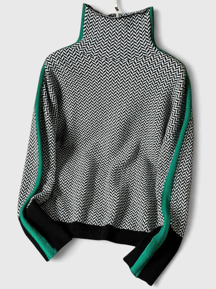 Cardigan Col Roulé Femme Chevron Rayures Contrastées Casual Hiver