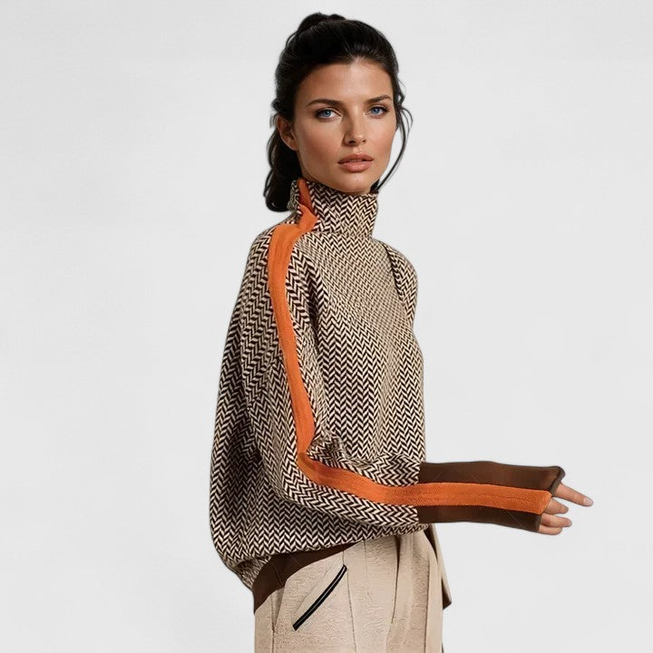 Cardigan Col Roulé Femme Chevron Rayures Contrastées Casual Hiver