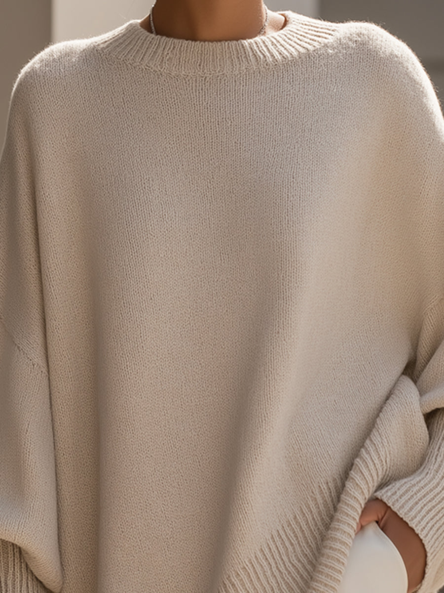 Cardigan Femme Oversize Col Rond Manche Chauve-Souris Tricot Casual Hiver