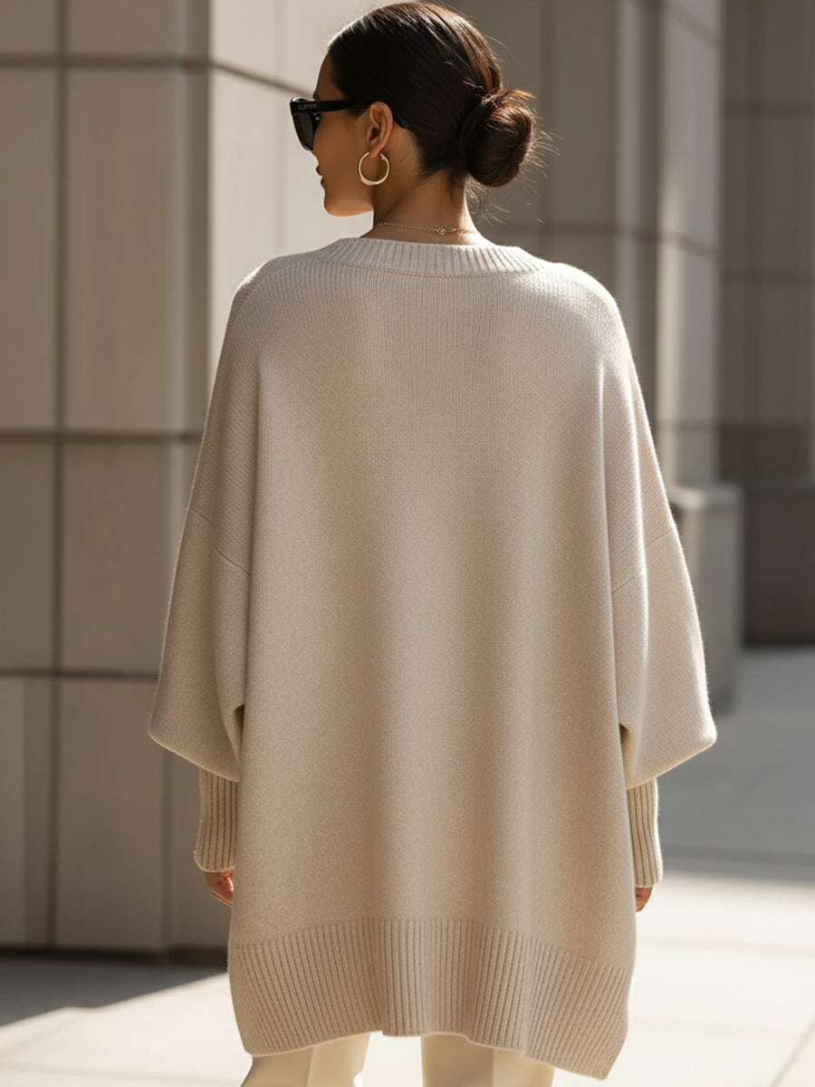 Cardigan Femme Oversize Col Rond Manche Chauve-Souris Tricot Casual Hiver