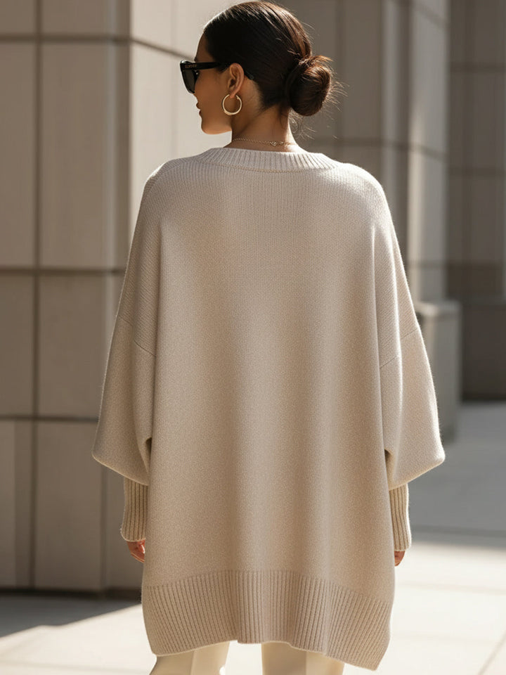 Cardigan Femme Oversize Col Rond Manche Chauve-Souris Tricot Casual Hiver