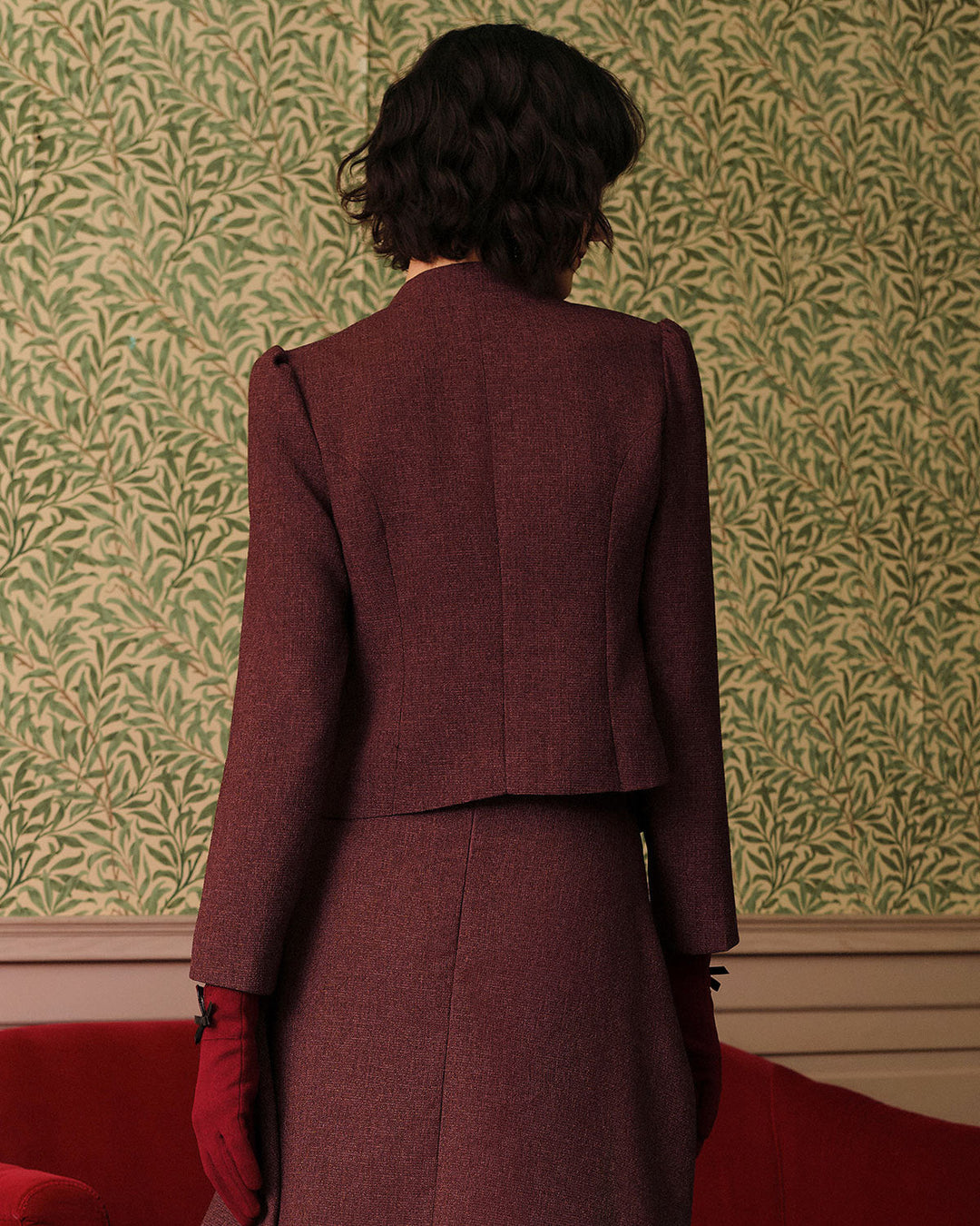Veste en Tweed Retro Bourgogne à Boutonnage Simple