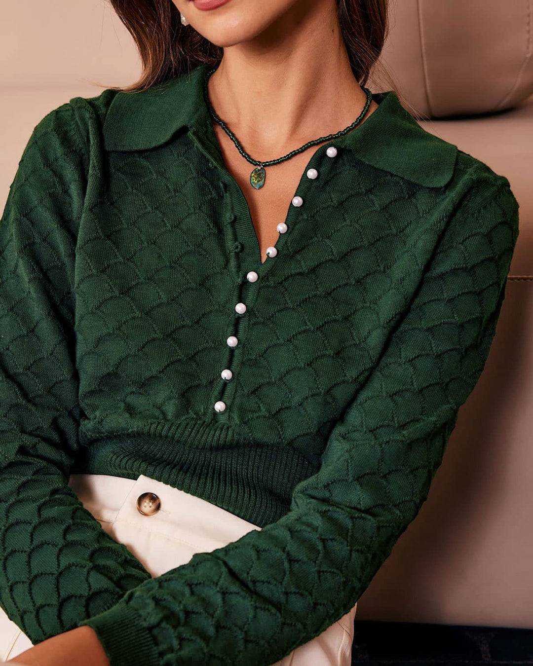 Le Haut Texturé Tricot à Côtes Vert Foncé