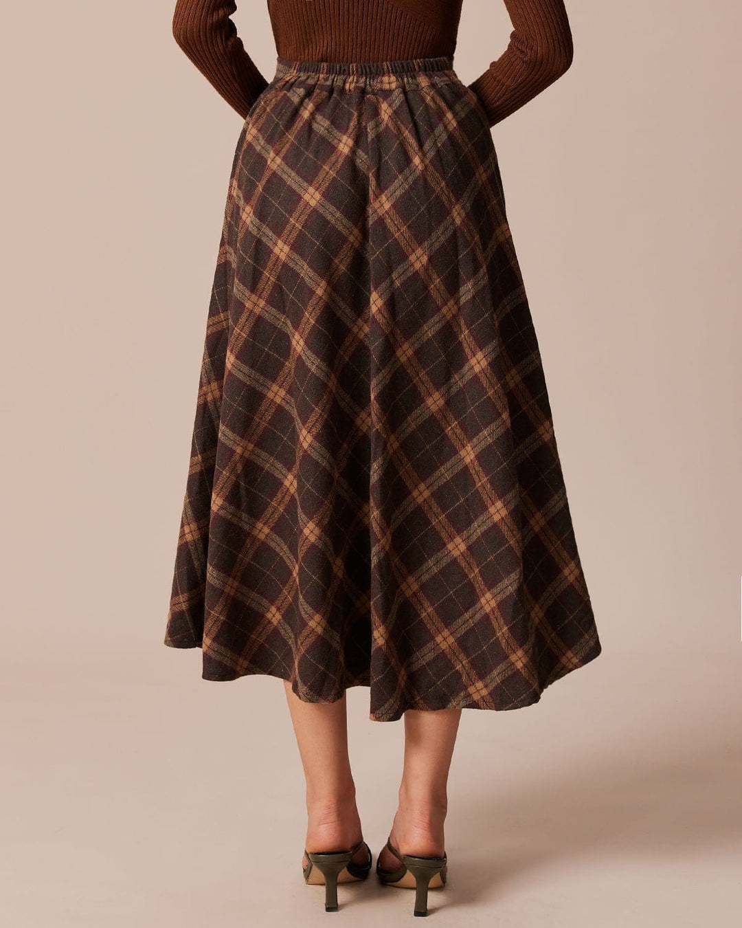 Jupe Midi A-Line à Carreaux avec Taille Élastique Marron