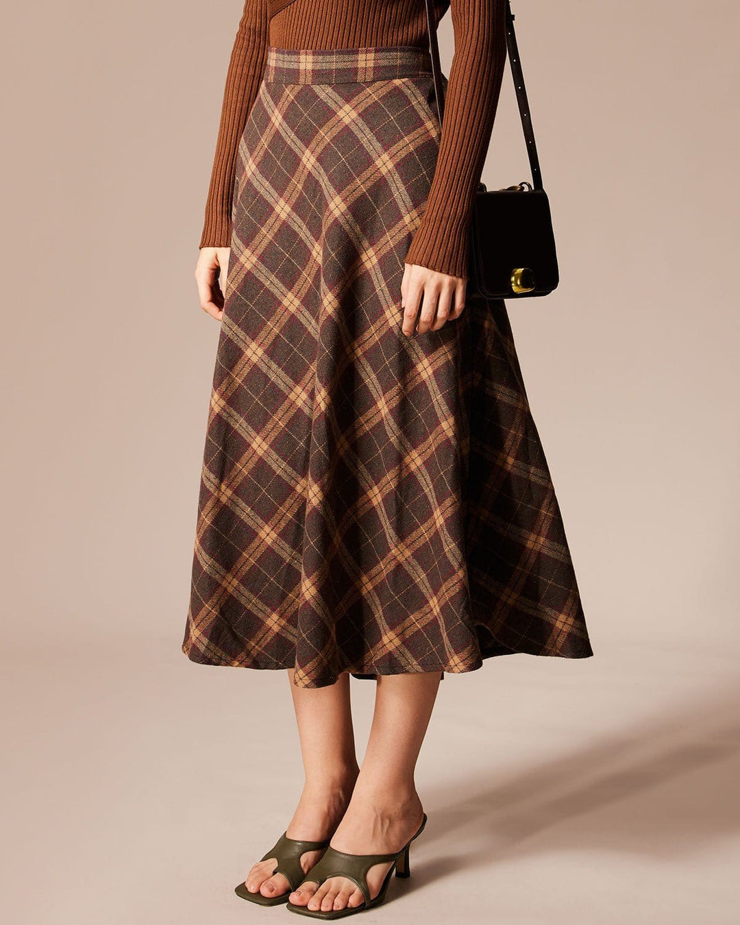 Jupe Midi A-Line à Carreaux avec Taille Élastique Marron