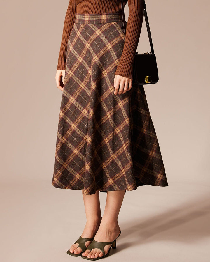 Jupe Midi A-Line à Carreaux avec Taille Élastique Marron