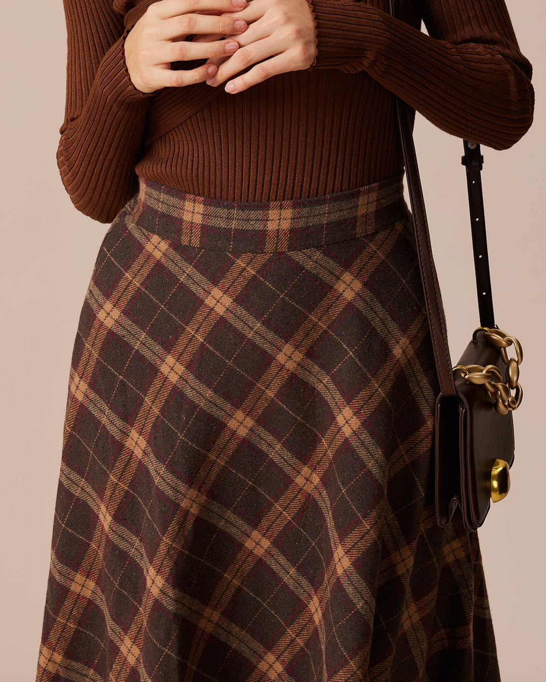 Jupe Midi A-Line à Carreaux avec Taille Élastique Marron
