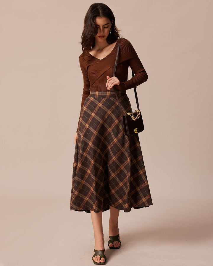 Jupe Midi A-Line à Carreaux avec Taille Élastique Marron