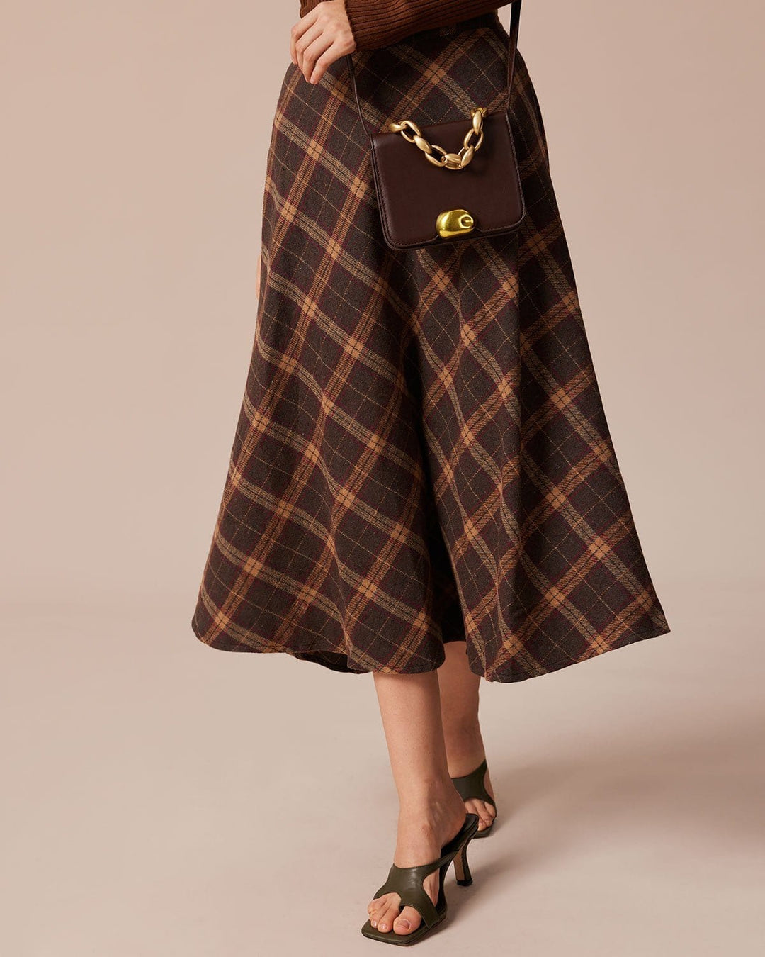 Jupe Midi A-Line à Carreaux avec Taille Élastique Marron