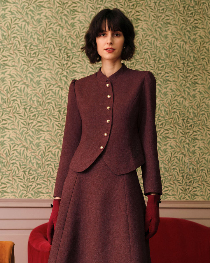 Veste en Tweed Retro Bourgogne à Boutonnage Simple
