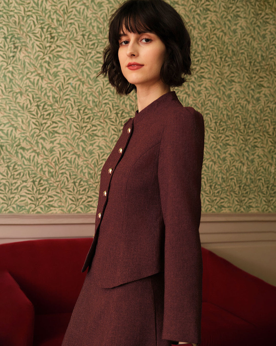 Veste en Tweed Retro Bourgogne à Simple Boutonnage
