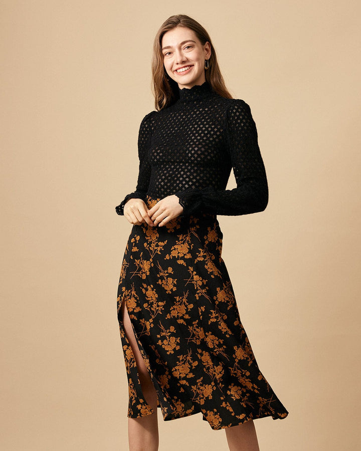 Jupe A-line à Taille Haute avec Fente Florale