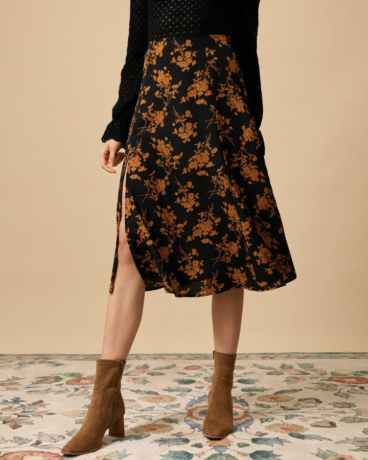 Jupe A-line à Taille Haute avec Fente Florale