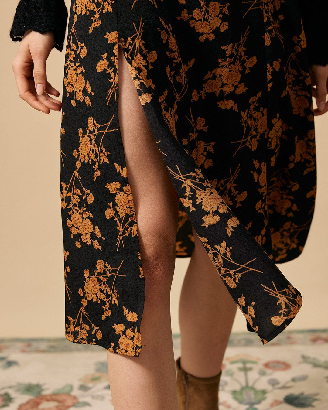 Jupe A-line à Taille Haute avec Fente Florale