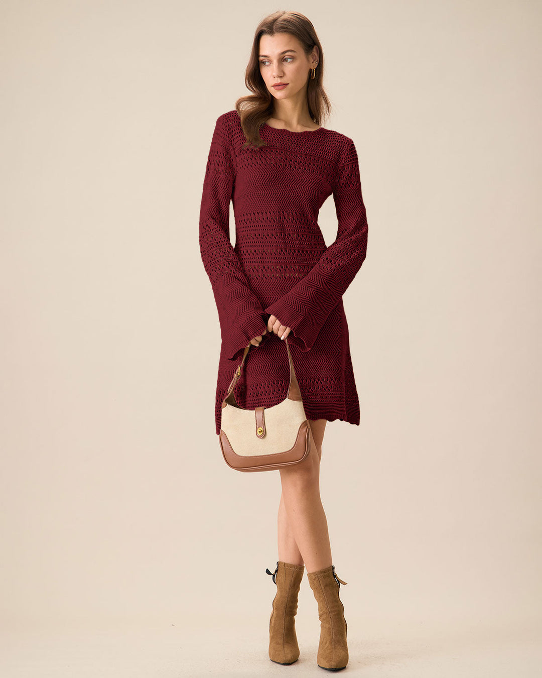 Robe Pull A-Ligne à Manches Cloches Rouge Vin