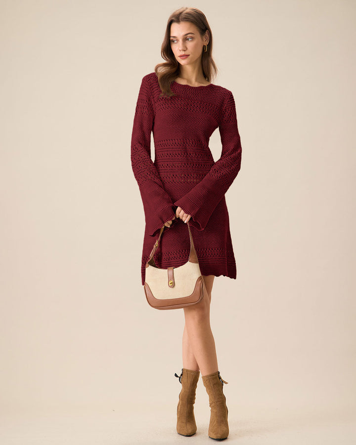 Robe Pull A-Ligne à Manches Cloches Rouge Vin