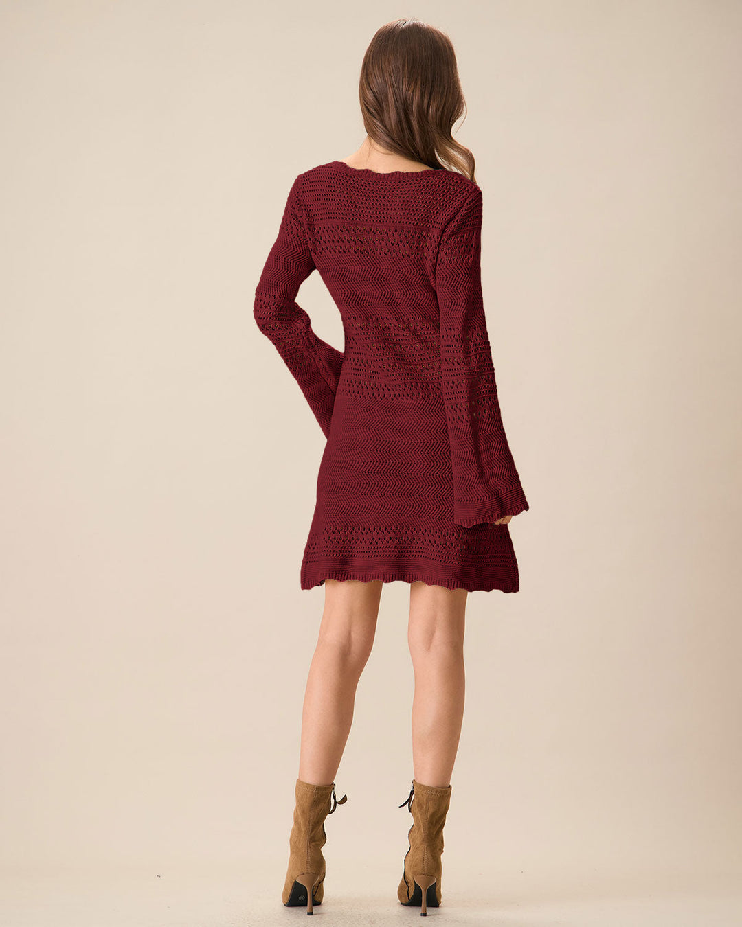 Robe Pull A-Ligne à Manches Cloches Rouge Vin