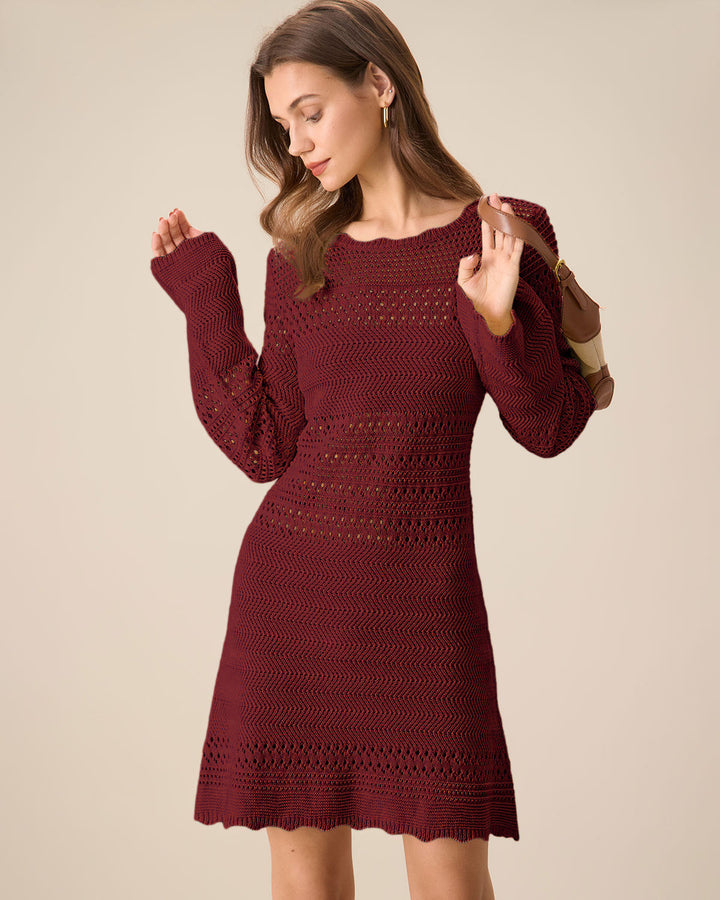 Robe Pull A-Ligne à Manches Cloches Rouge Vin