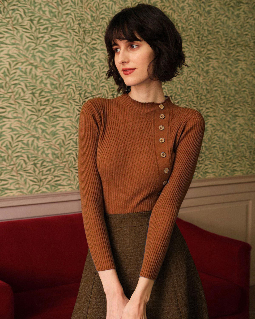 Tee en Tricot Côtelé à Col Montant Caramel