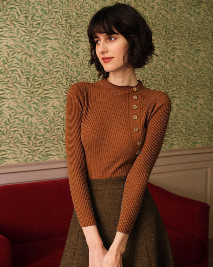 Tee en Tricot Côtelé à Col Montant Caramel