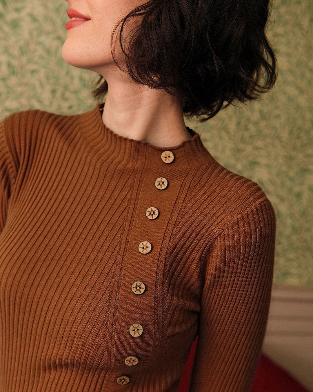 Tee en Tricot Côtelé à Col Montant Caramel
