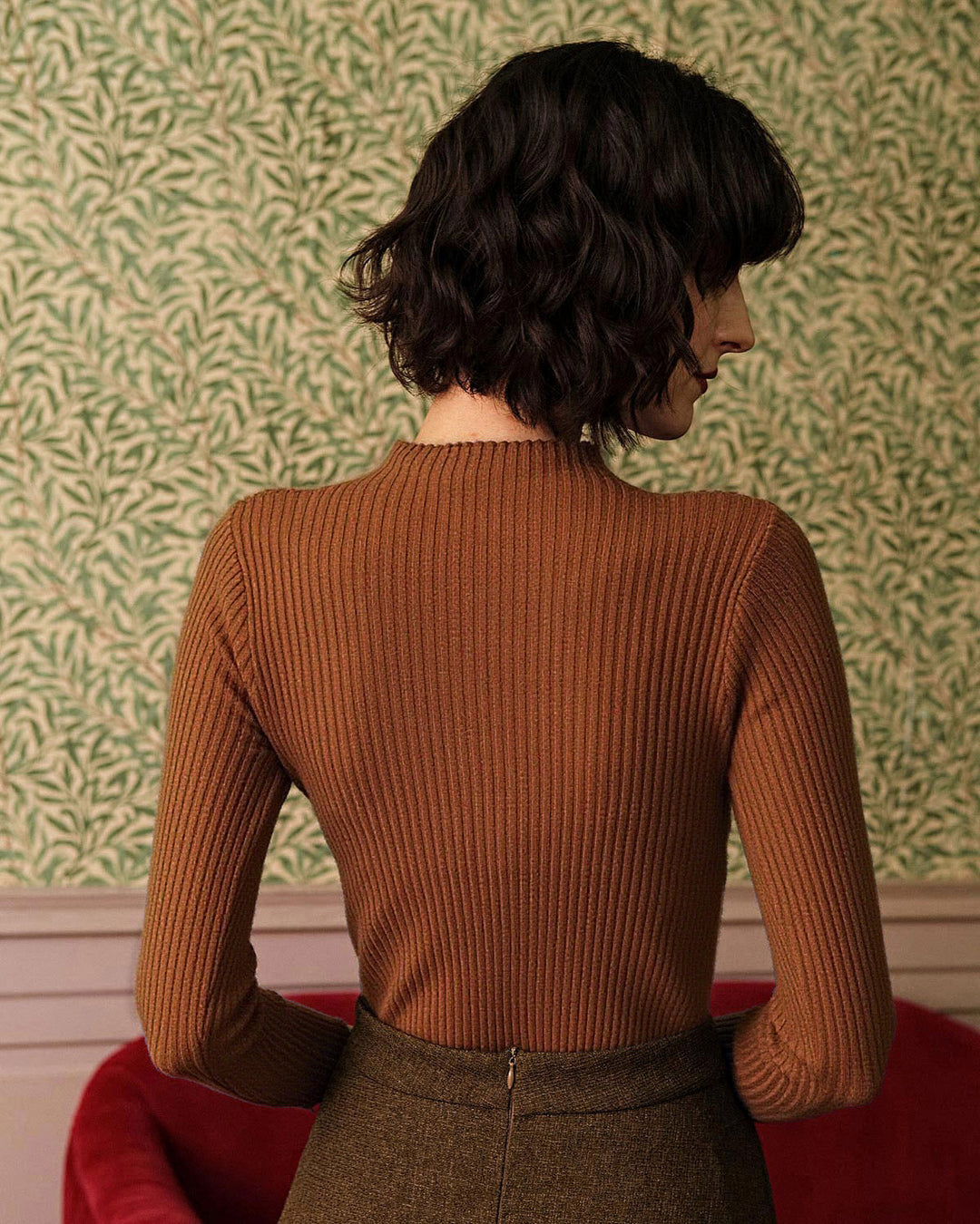 Tee en Tricot Côtelé à Col Montant Caramel