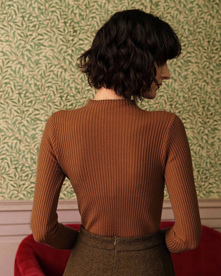 Tee en Tricot Côtelé à Col Montant Caramel