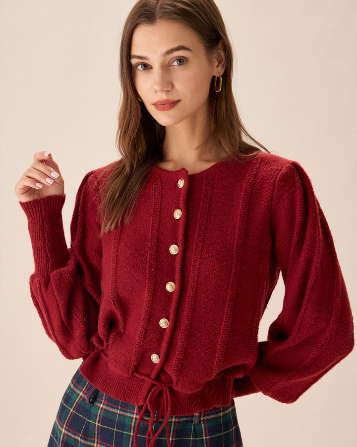 Cardigan à Manches Lanternes Rouges à Boutonnage Simple