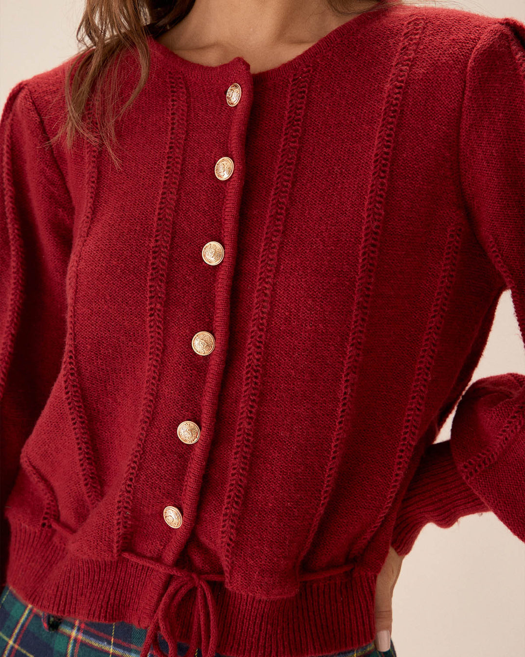 Cardigan à Manches Lanternes Rouges à Boutonnage Simple