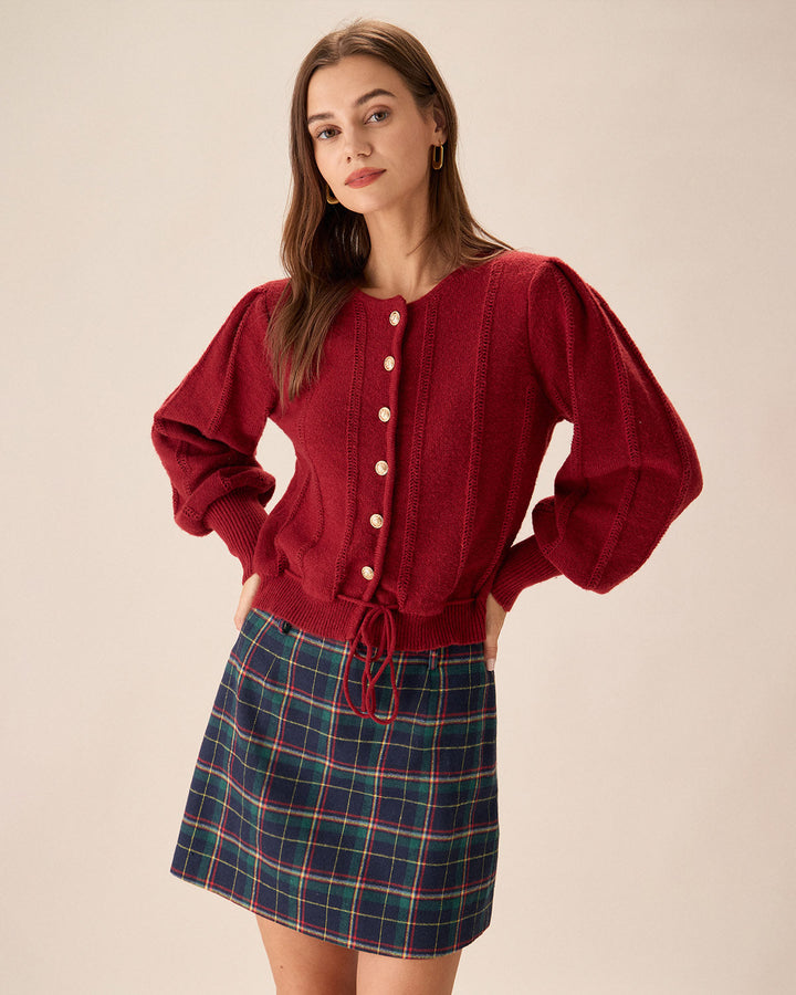 Cardigan à Manches Lanternes Rouges à Boutonnage Simple