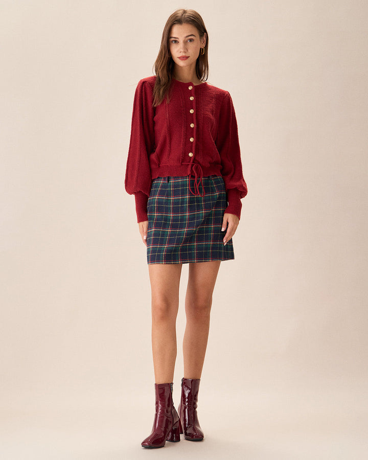 Cardigan à Manches Lanternes Rouges à Boutonnage Simple