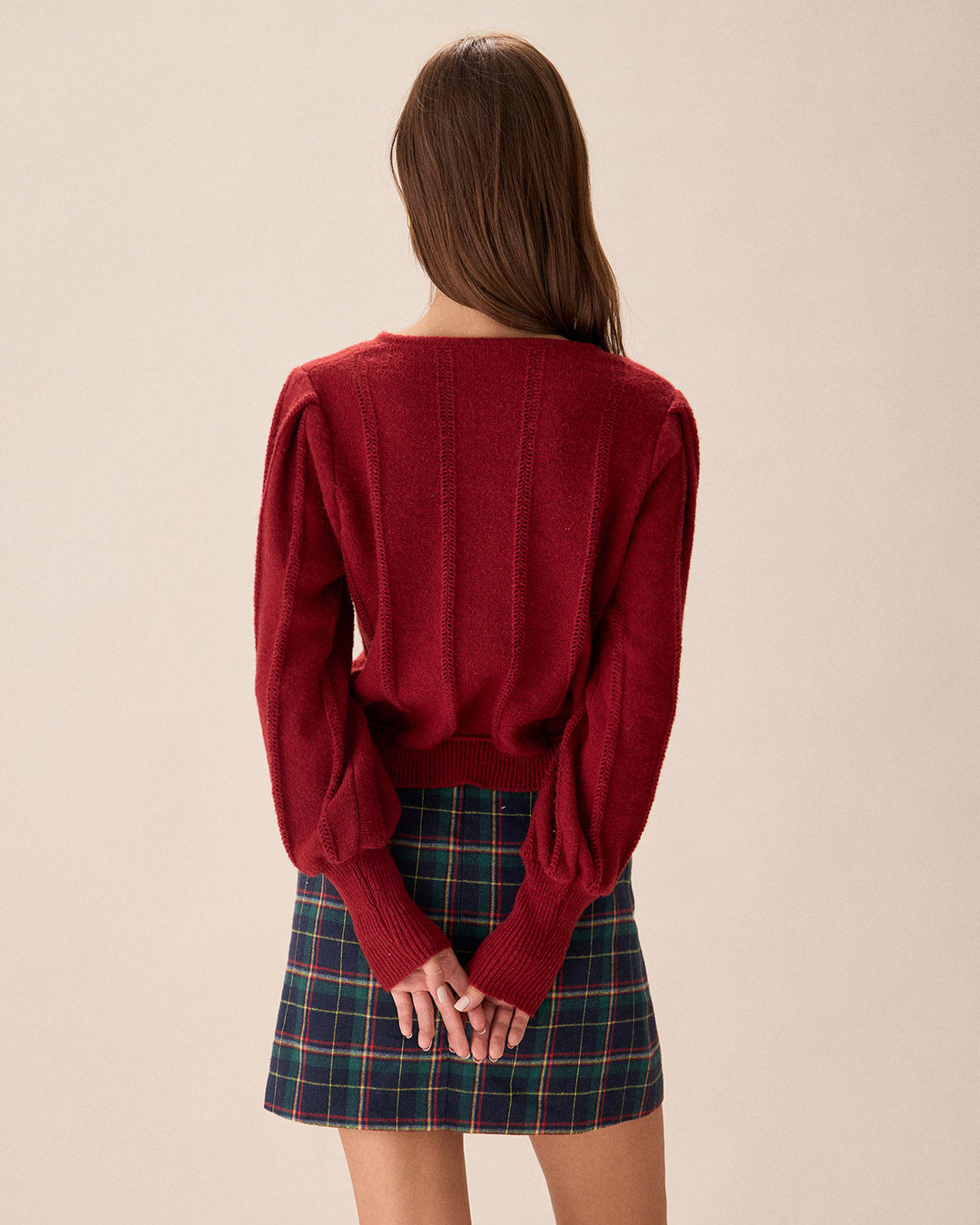 Cardigan à Manches Lanternes Rouges à Boutonnage Simple