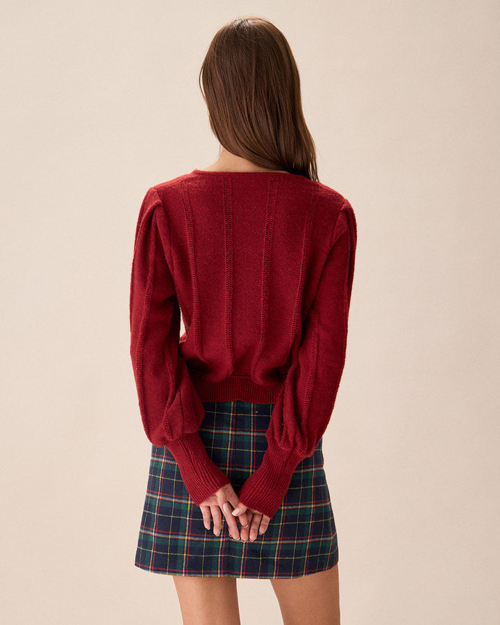 Cardigan à Manches Lanternes Rouges à Boutonnage Simple