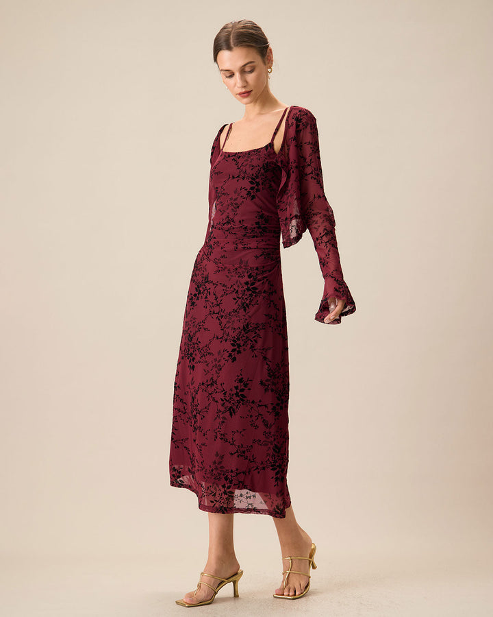 Robe Midi Slip Corps en Fleurs Rouges (le cardigan est inclus)