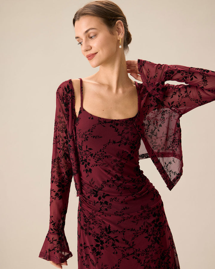 Robe Midi Slip Corps en Fleurs Rouges (le cardigan est inclus)