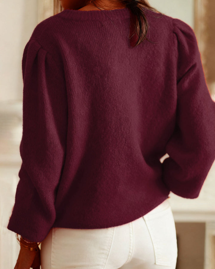 Cardigan Tricot Casual Col Rond Rouge Vin