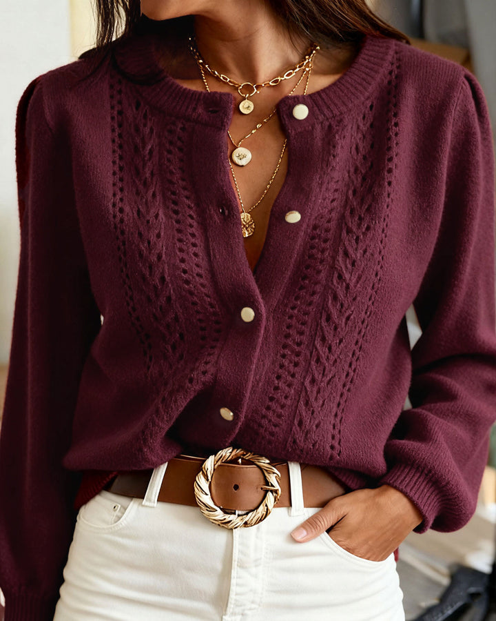Cardigan Tricot Casual Col Rond Rouge Vin