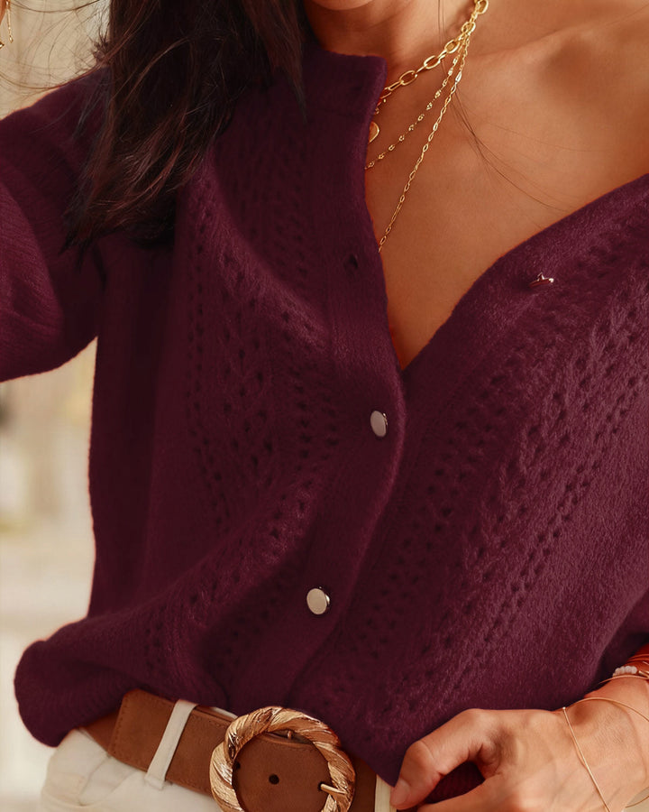 Cardigan Tricot Casual Col Rond Rouge Vin