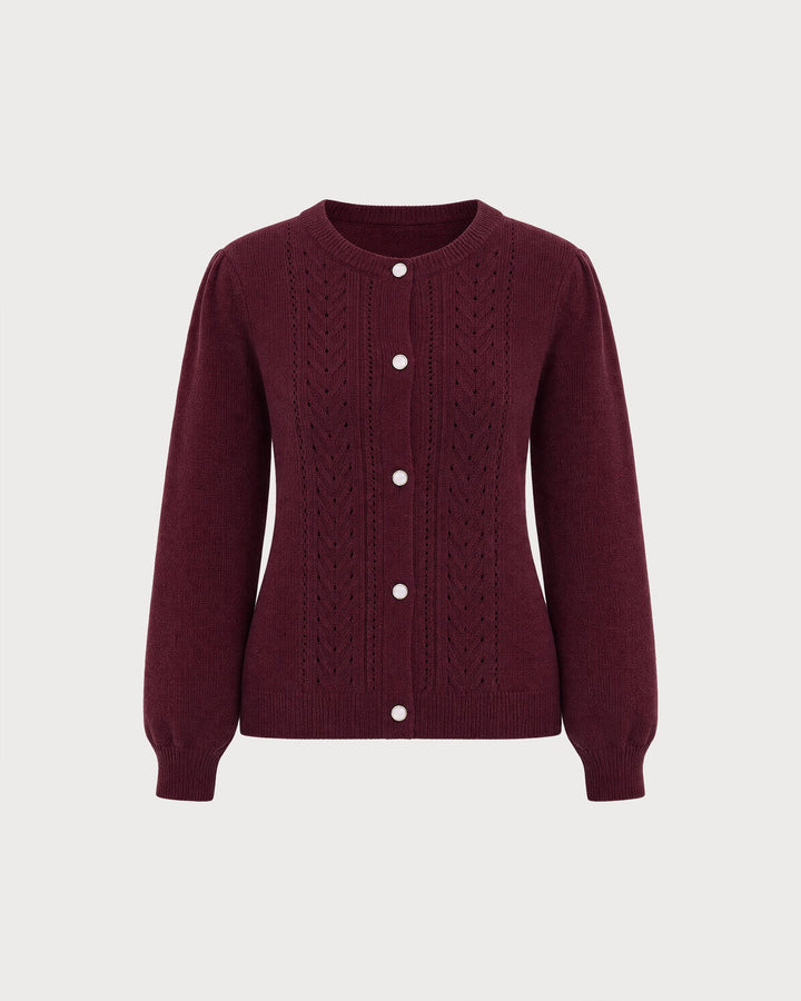 Cardigan Tricot Casual Col Rond Rouge Vin