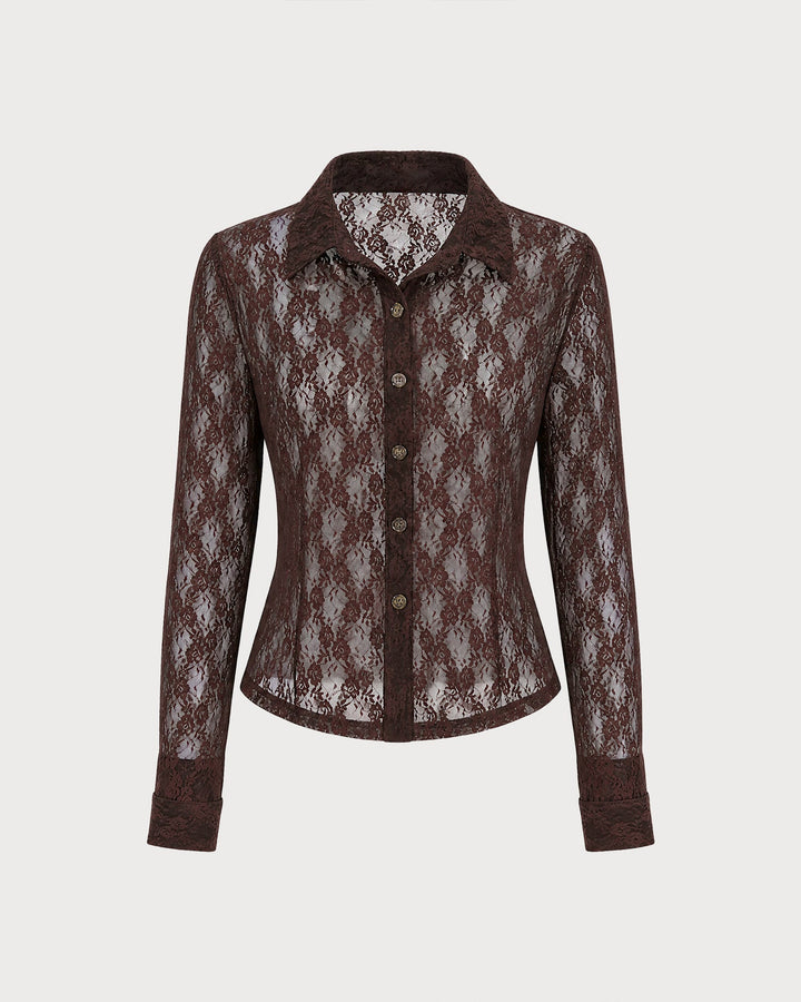 Blouse à Boutons Florale en Dentelle Marron