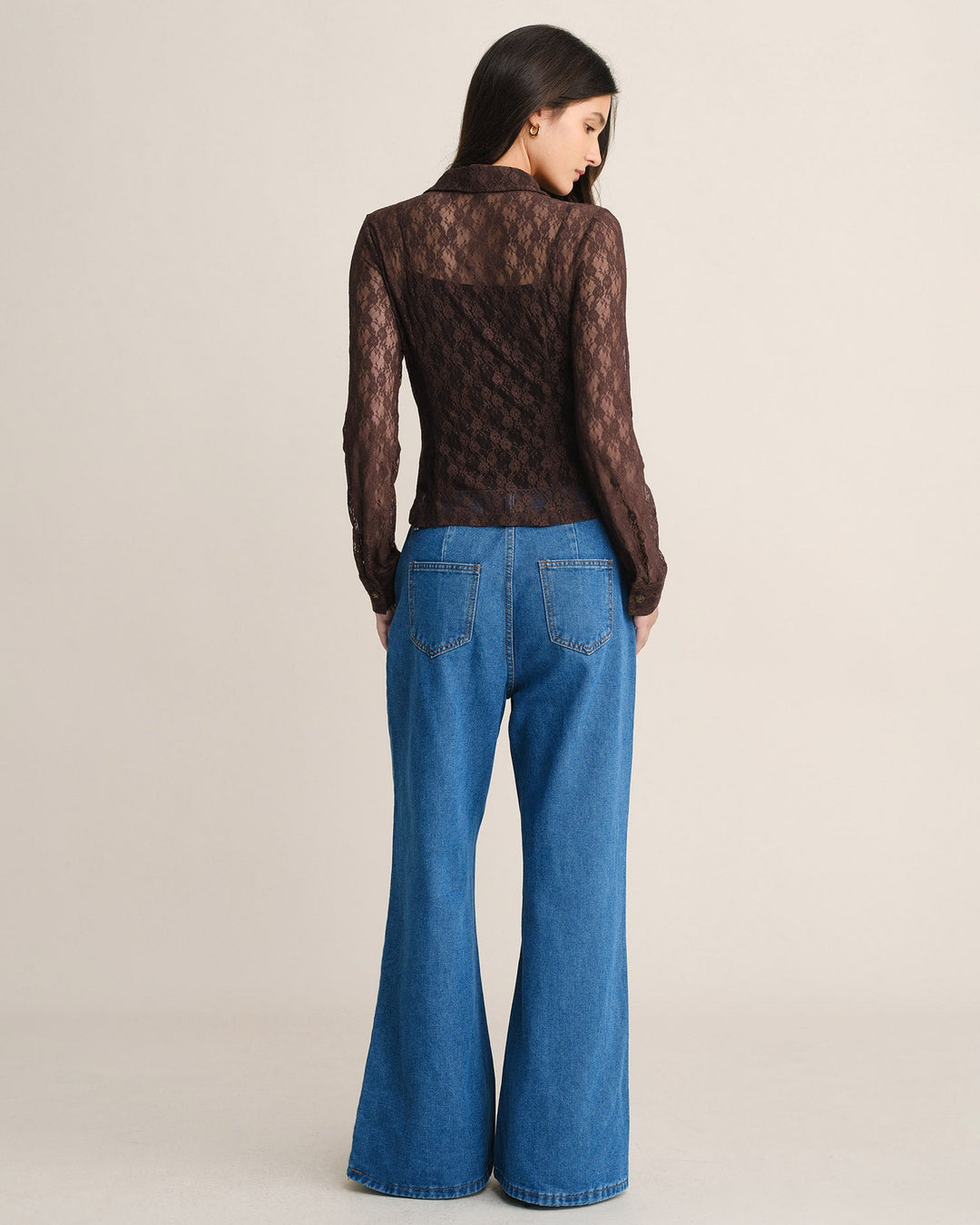 Blouse à Boutons Florale en Dentelle Marron