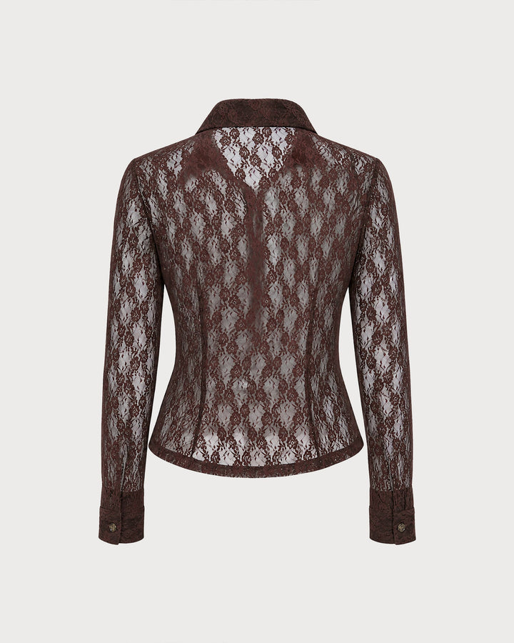 Blouse à Boutons Florale en Dentelle Marron
